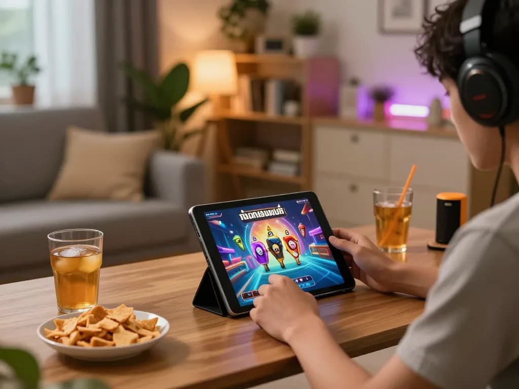 Engaged in ทดลองเล่นสล็อต on a tablet in a cozy living room, showcasing responsible gaming.