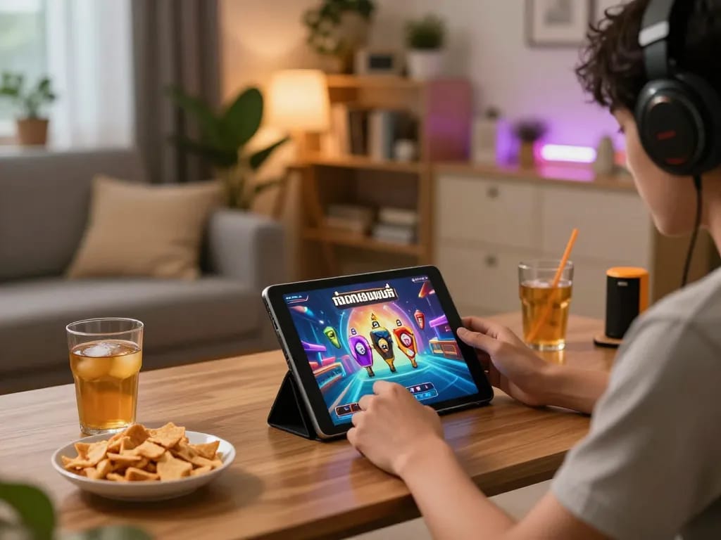 Engaged in ทดลองเล่นสล็อต on a tablet in a cozy living room, showcasing responsible gaming.