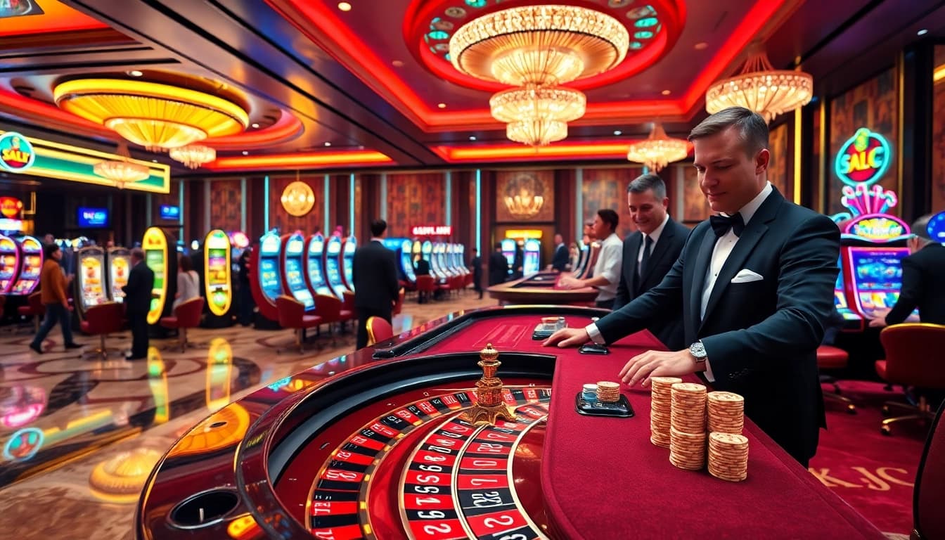 Players engaged in lively roulette action at KJC casino, showcasing luxury gaming atmosphere.