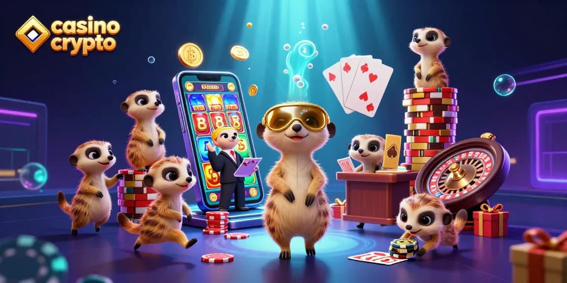 Un groupe de mangoustes gérant un casino crypto, avec des éléments de jeu colorés autour.
