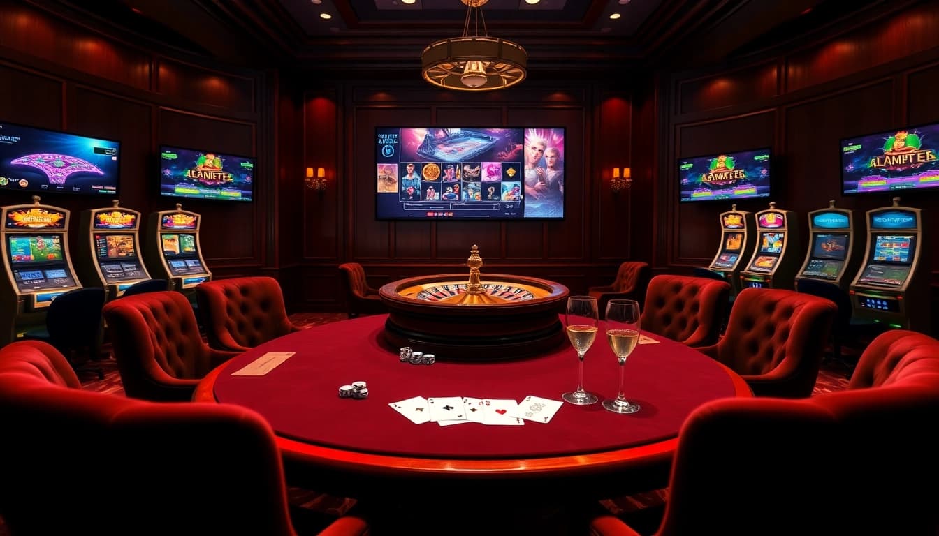 Une expérience de casino en ligne palpitante mettant en avant une table de poker et une roulette, soulignant casino en ligne france fiable.