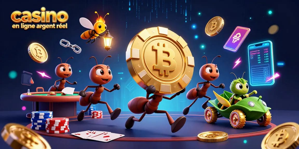 Jouer au casino en ligne argent réel avec des fourmis cartoon volantes et une ambiance festive.