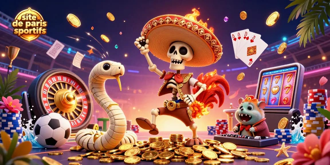 Plongez dans l'excitation du site de paris sportifs avec une scène animée de personnages 3D et d'éléments de jeu captivants.