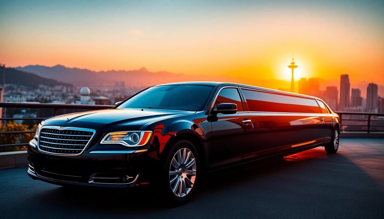 Experience a luxurious Vancouver to Seattle limo parked against a stunning skyline backdrop.