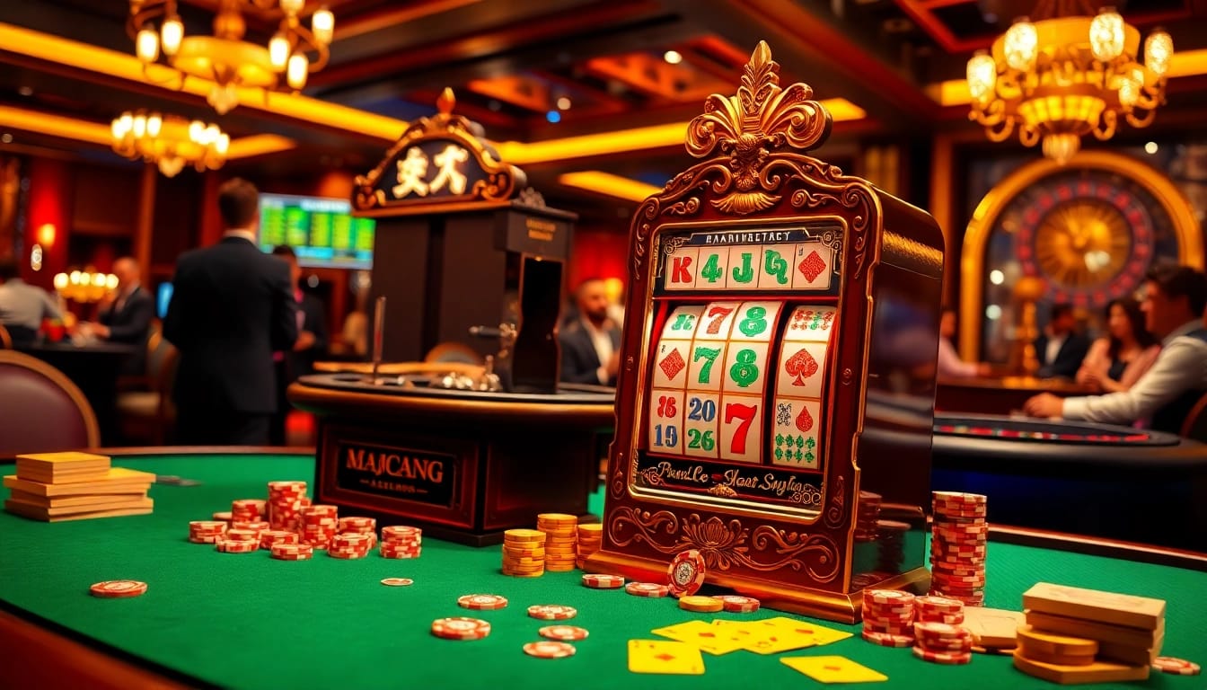 Engage with the mahjong slot demo experience surrounded by vibrant casino elements.