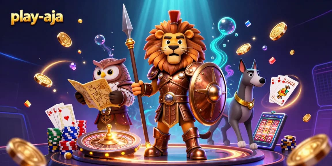 Experience thrilling gameplay at play-aja with a vibrant 3D casino scene bursting with excitement.