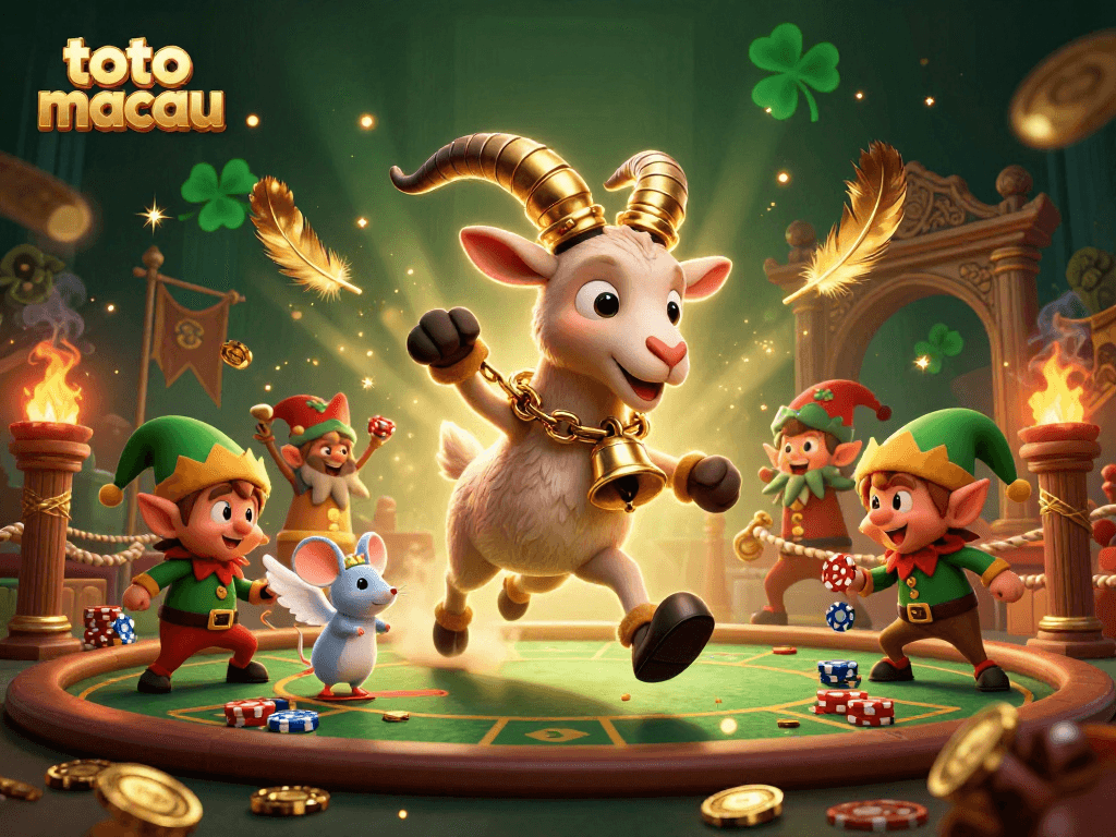 Spin the reels at toto macau with a festive casino scene featuring a chaotic atmosphere and lively characters.