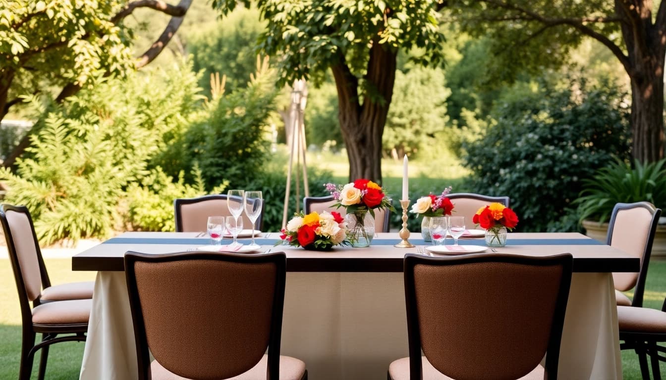Showcasing Table & Chair Rentals elegantly arranged outdoors with vibrant décor.