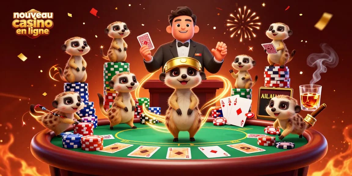Illustration montrant un nouveau casino en ligne animé avec des suricates en pleine action.