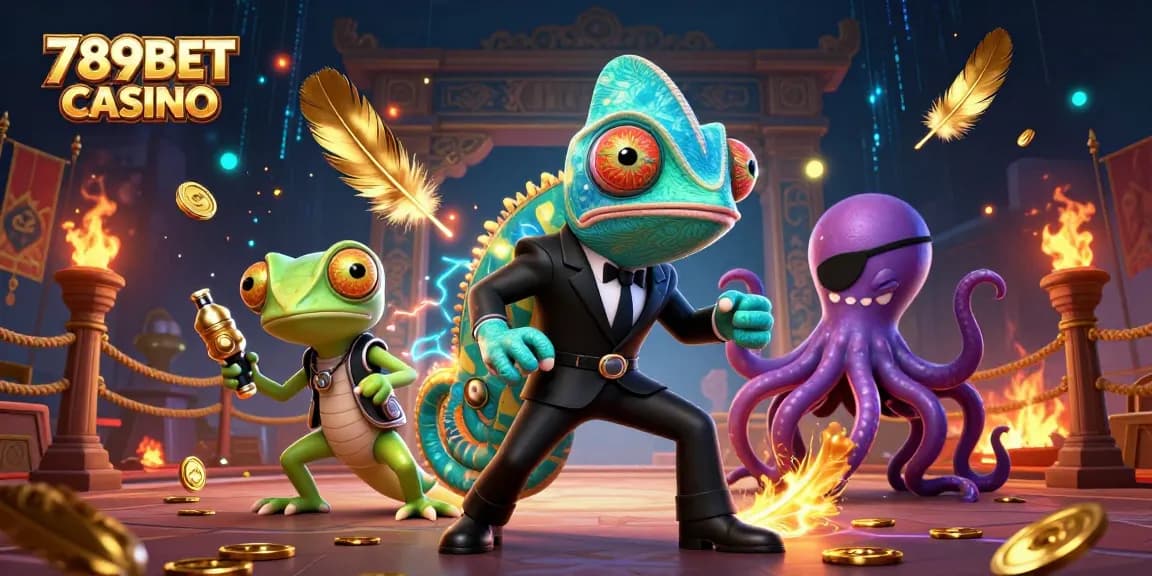 Engage in thrilling action at 789BET CASINO with animated characters battling among vibrant casino symbols.
