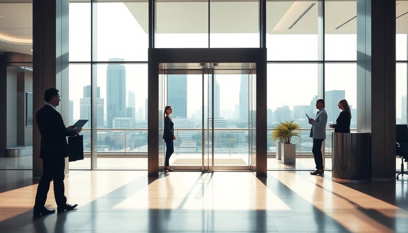 Engaging visual of Commercial Automatic Doors at a modern office entrance welcoming visitors.