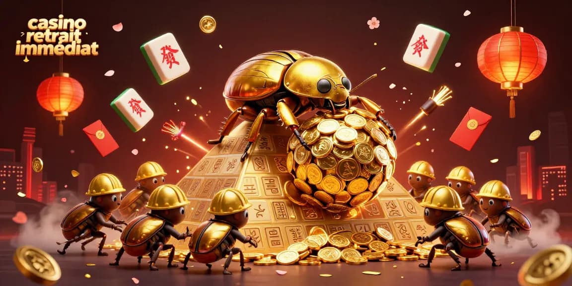 Effectuer un retrait immédiat dans un casino en ligne avec une scène dynamique d'insectes dorés.
