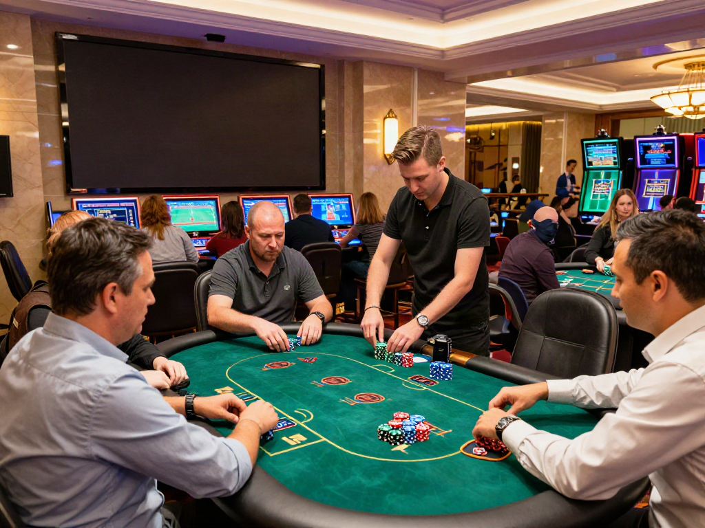 Parsbet ile modern bir casinoda oyun oynayan oyuncuların heyecanlı anı