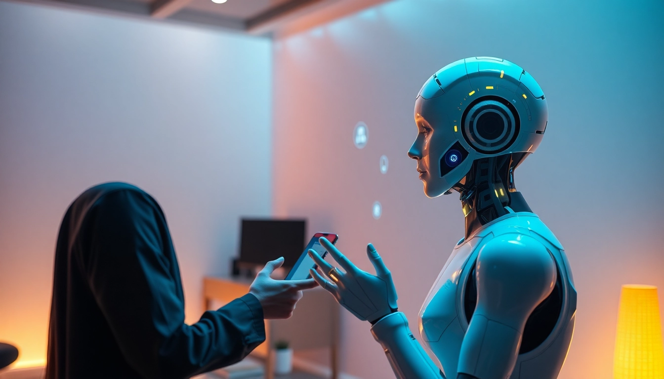 Engaging AI sex interaction with a humanoid character in a futuristic room.