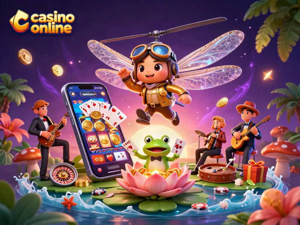 Imágenes de un casino online con un crupier rana y un piloto en un ambiente festivo que retratan la diversión de jugar.