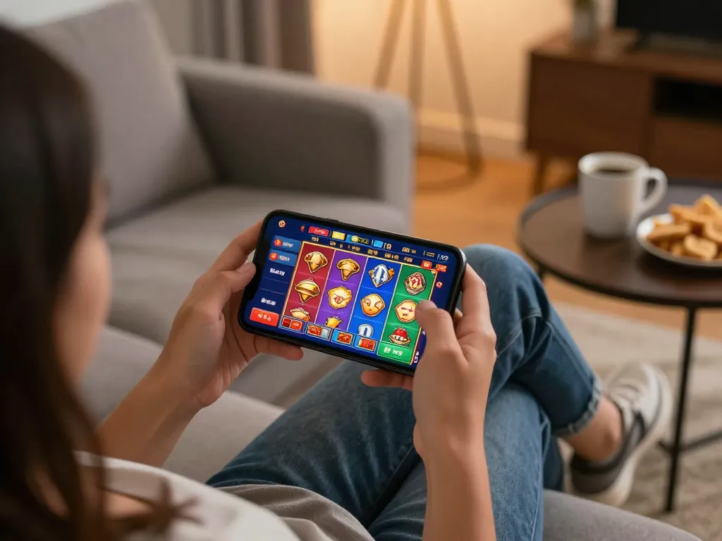 Player enjoying sunwinapk mobile gaming experience on smartphone in cozy living room atmosphere