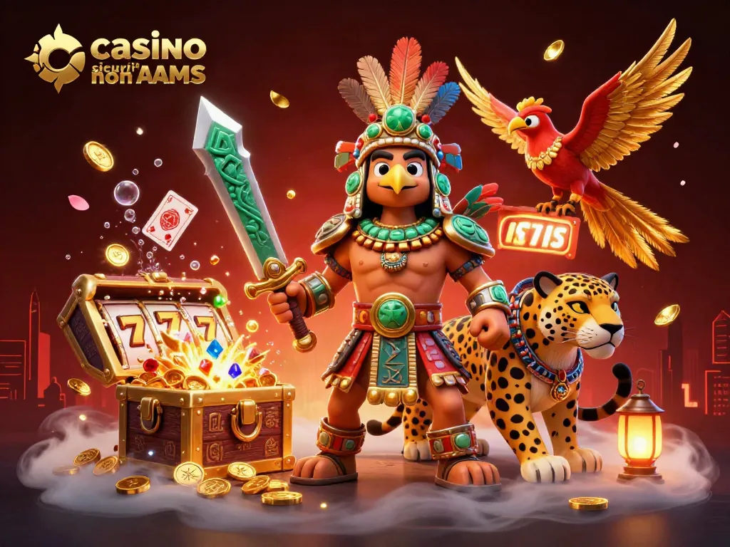 Giocando nei casino sicuri non AAMS con un'illustrazione vibrante e avventurosa di guerrieri e simboli di gioco.