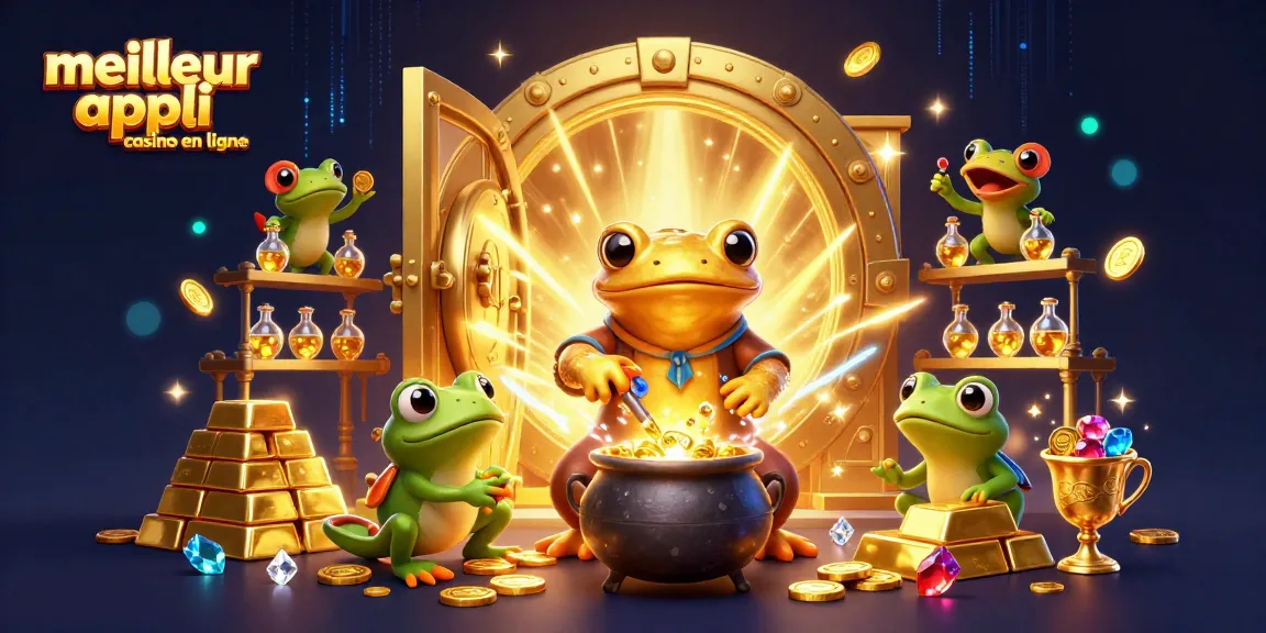 Illustration d'une scène magique représentant la meilleure appli casino en ligne avec alchimiste, grenouille et nouveaux assistants.
