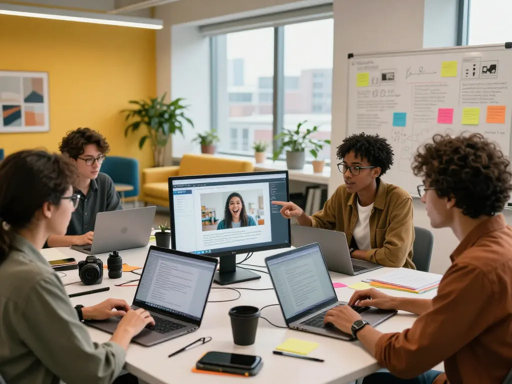 Diverse team using an image to prompt generator in a vibrant modern office setting, illustrating collaboration and creativity.