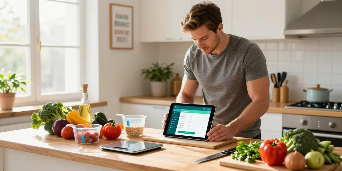 Using the best macro tracker app in a bright kitchen for healthy meal prep.