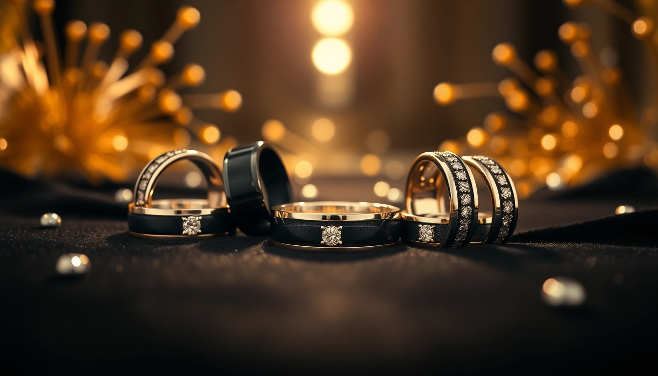 Featuring exquisite Tungsten rings displayed luxuriously on a velvet surface with diamond accents.