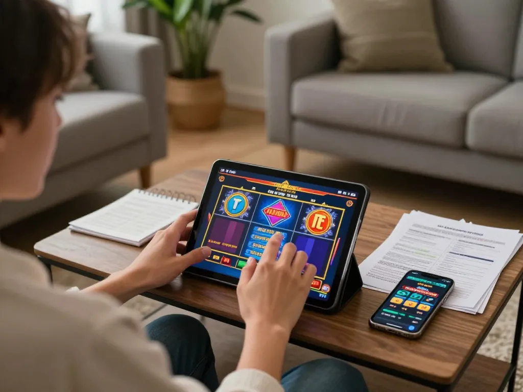 Engage with hargatoto daftar for thrilling slot game gaming experience on a tablet in a cozy setting.