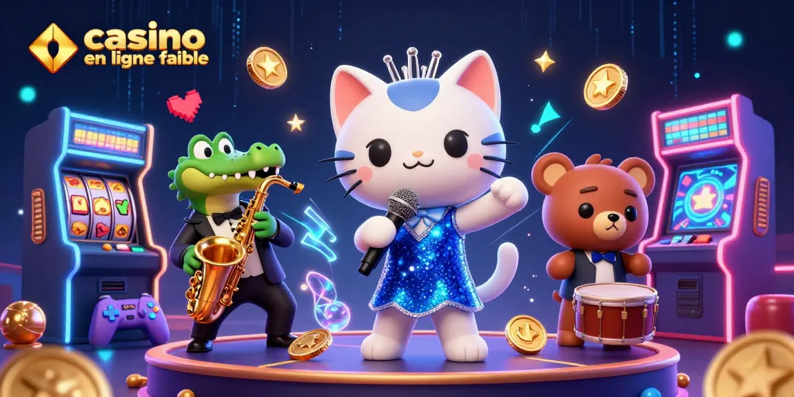 Vibrante illustration d'un chat chanteur au casino en ligne fiable, entouré de machines à sous et de jeux colorés.
