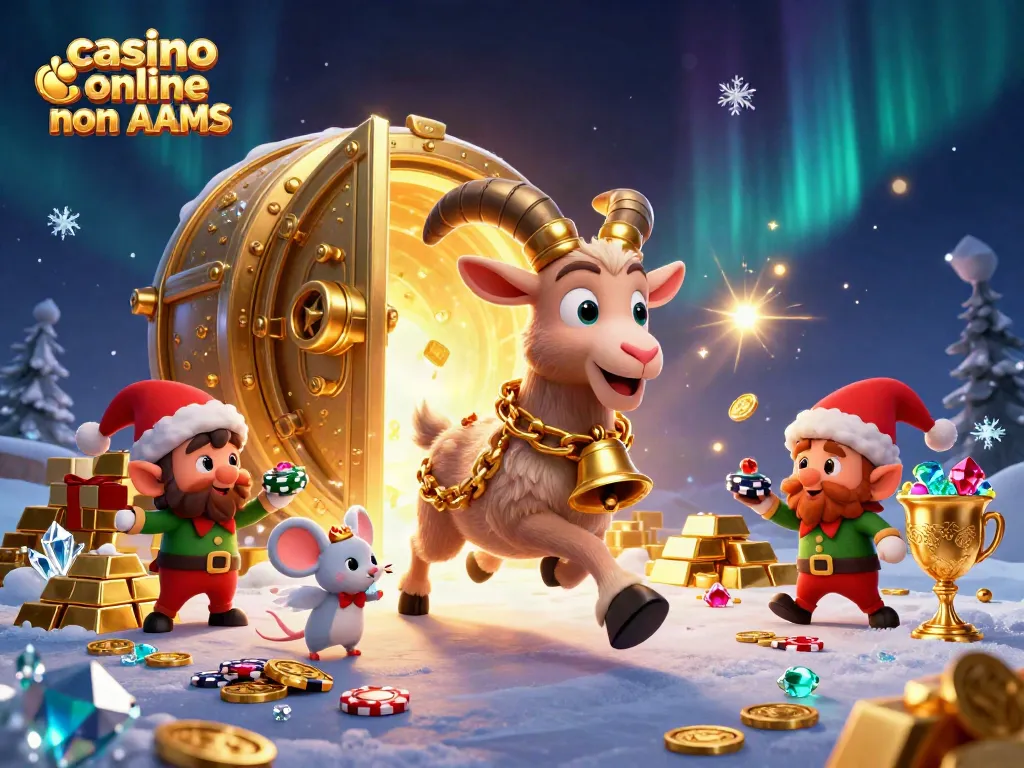 Una scena ricca di dettagli da un casino online non AAMS con un Krampus che gestisce il gioco, mentre un topo angelo controlla il caos