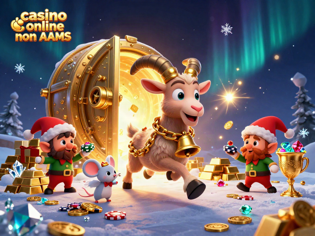 Una scena ricca di dettagli da un casino online non AAMS con un Krampus che gestisce il gioco, mentre un topo angelo controlla il caos