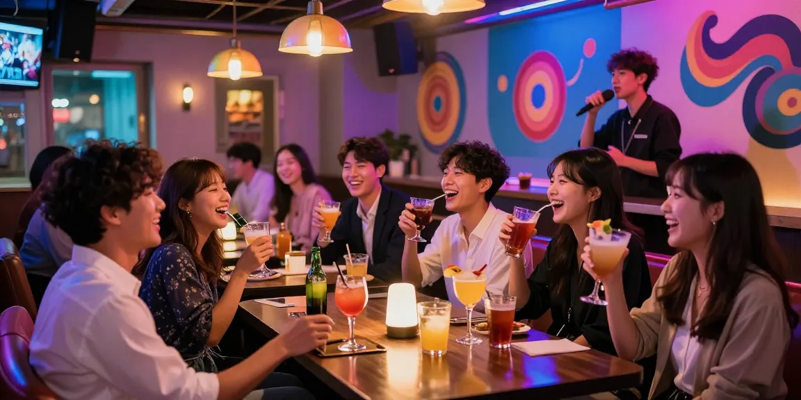 Jeju Island nightlife with friends enjoying 제주도유흥 experiences in a lively karaoke bar
