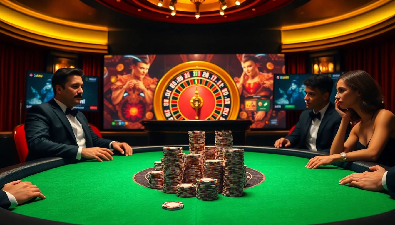 Vivez l'excitation d'un site de casino en ligne avec des joueurs autour d'une table de poker luxueuse.