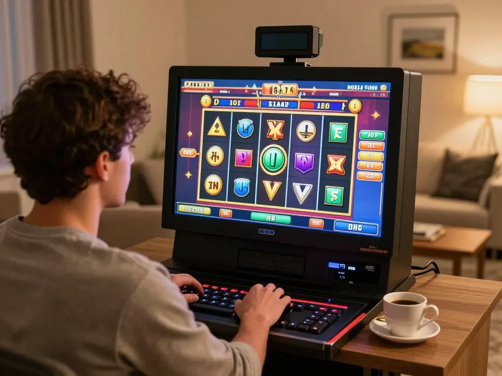 Player enjoying MAU777 link alternatif while engaging with vibrant online slot machines in a cozy setting