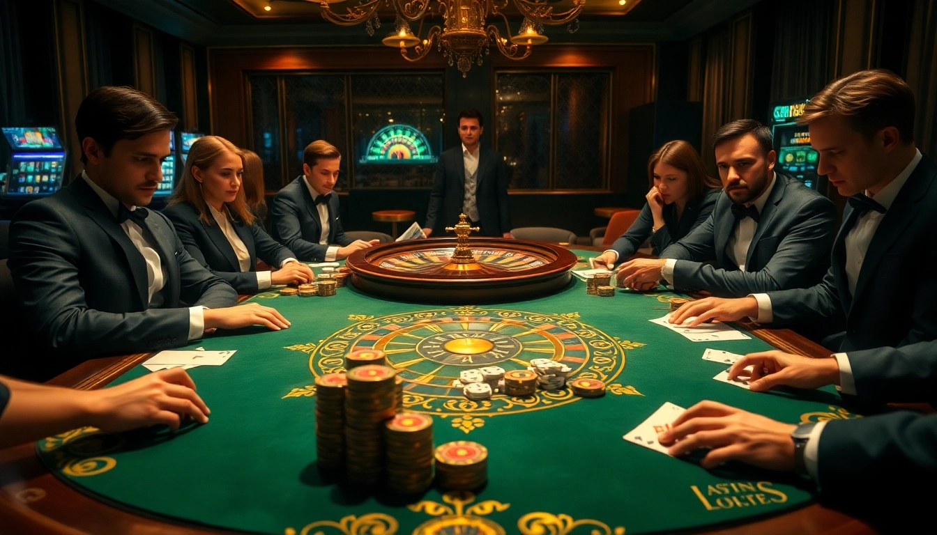 Partie de poker intense dans un casino fiable en ligne, mettant en avant des joueurs élégants et une atmosphère excitante.