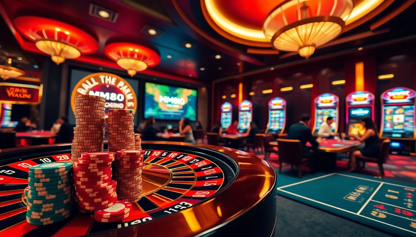 Experience thrilling casino action at https://mm88.br.com/ with vibrant games, poker chips, and roulette wheels.