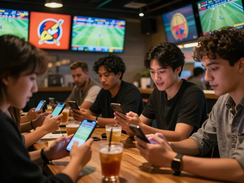 Engaged sports bettors enjoying Thể thao hubet88 events in a lively setting, checking live odds and scores.