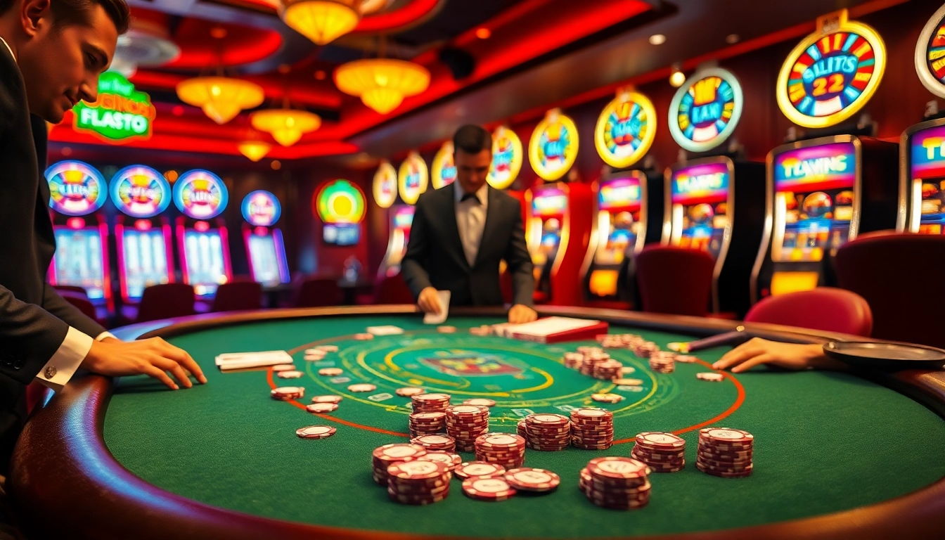 Joueurs captivants à une table de blackjack dans une atmosphère de casino en ligne fiable en France, mettant en avant l'excitation et le jeu professionnel.