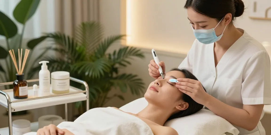 Augenringe abdecken mit professioneller Behandlung in einem ruhigen Spa-Umfeld.