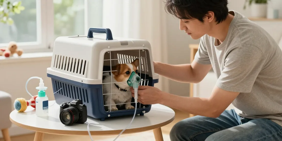 Pet oxygen therapy setup at https://www.petair.hk/en/ showcasing a caring owner with a portable oxygen concentrator and a pet in a soft oxygen cage.