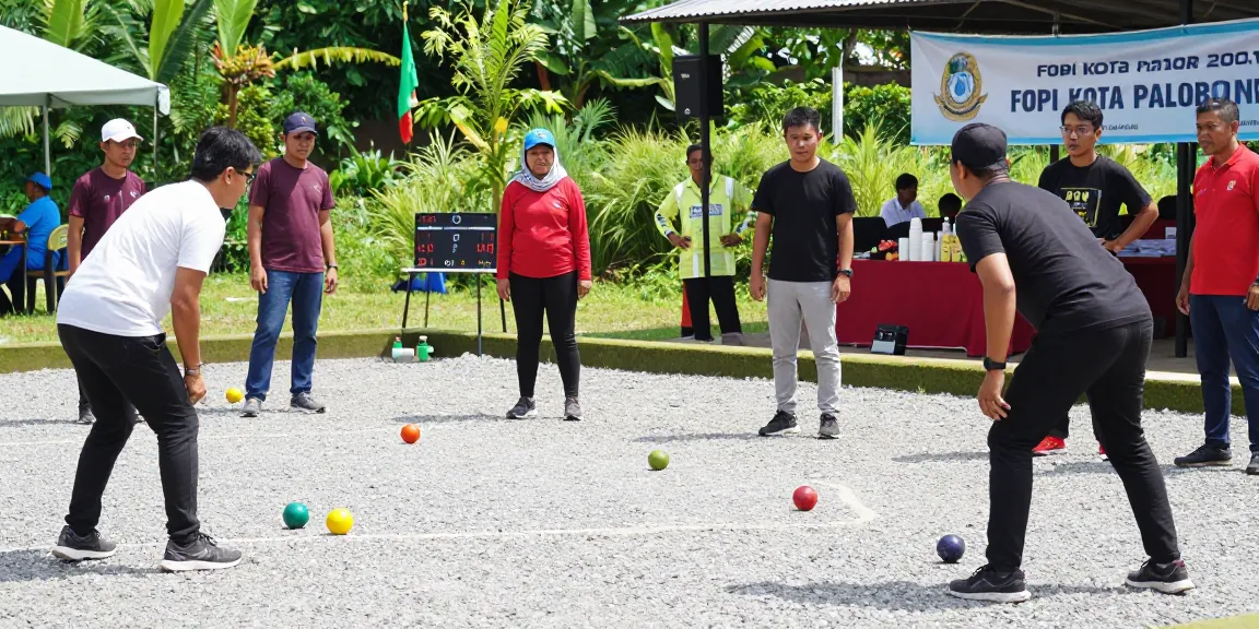 Suasana turnamen petanque di fopikotapalopo.org dengan pemain yang berkompetisi di lapangan terbuka.