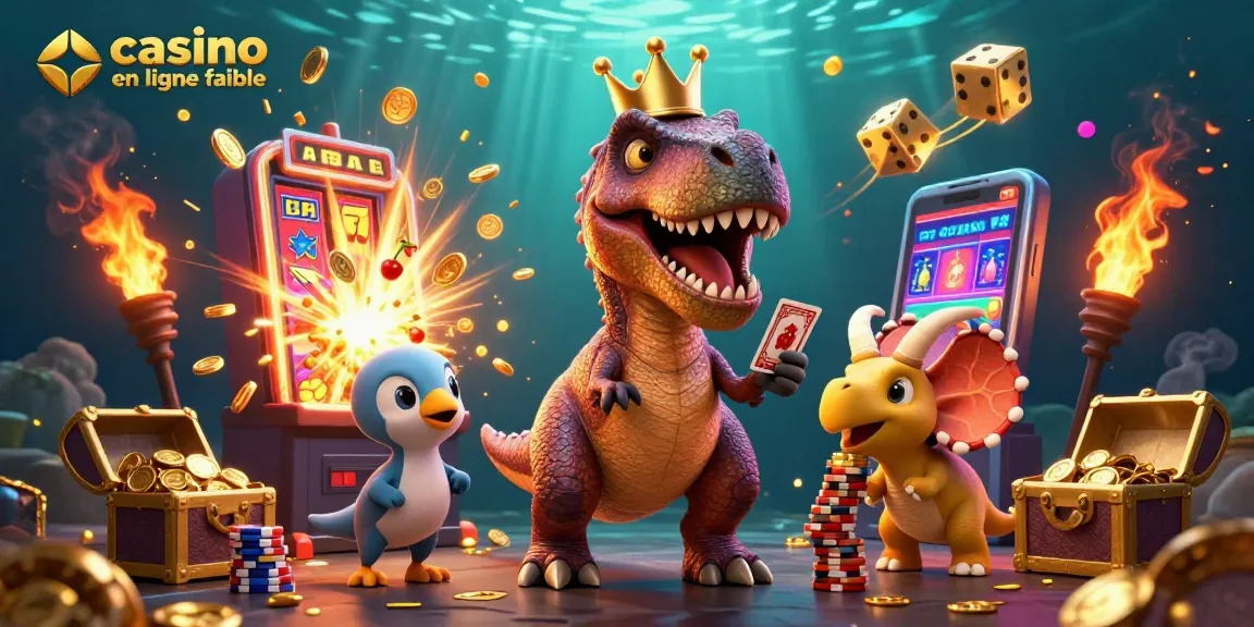 Jouer au casino en ligne fiable avec un T-Rex et des assistants dans une illustration 3D attrayante.