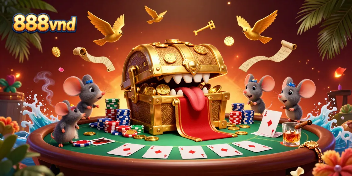 Experience the excitement of 888vnd with a vibrant casino adventure featuring treasure chests and poker.