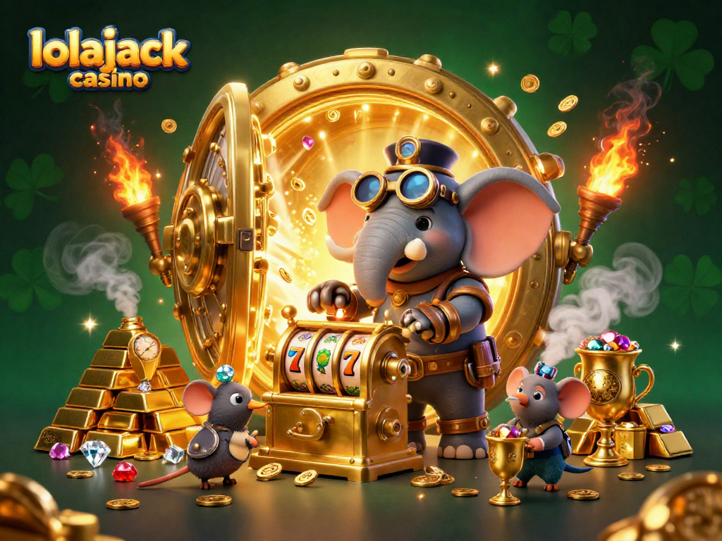 Experience thrilling wins at lolajack casino with a vibrant 3D scene featuring steampunk characters and slot machines.