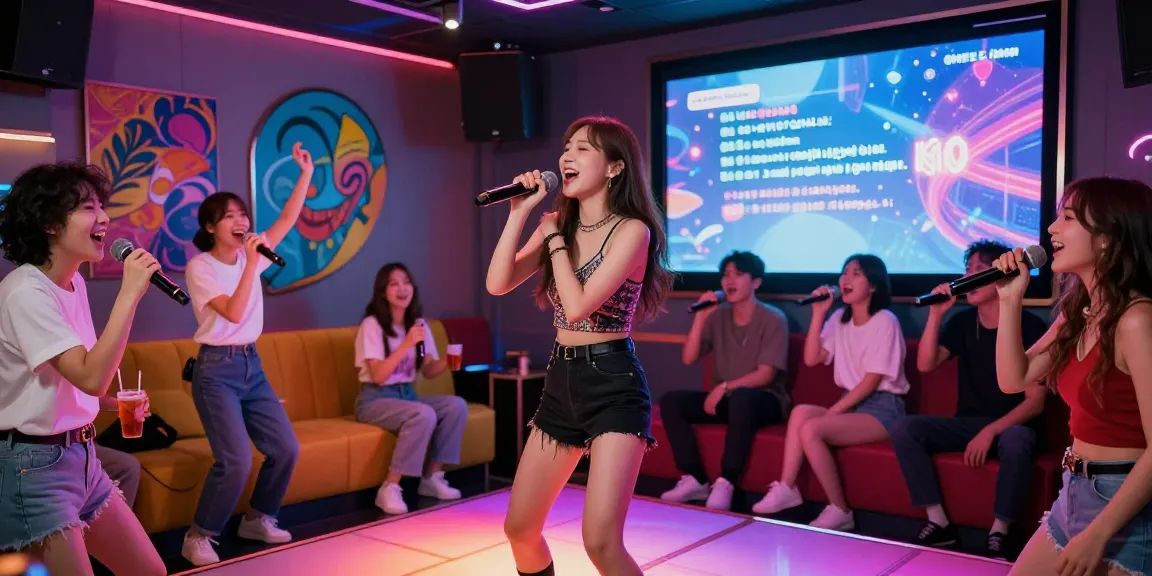 Gangnam가라오케 scene with friends singing karaoke in a vibrant neon-lit room, showcasing joyful nightlife.