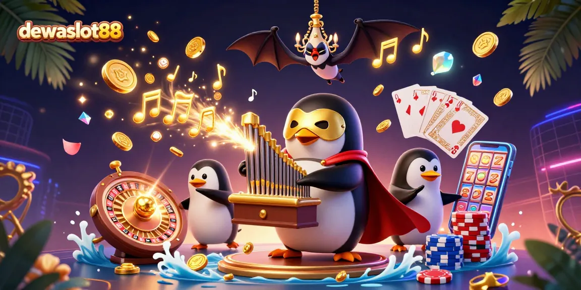 Permainan slot di dewaslot88 dengan penguin beraksi dan koin emas meluncur.