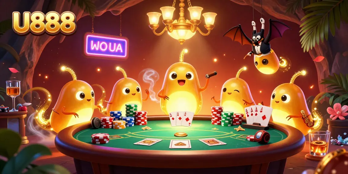 U888 shines as glowworms illuminate a vibrant cave casino with poker elements.