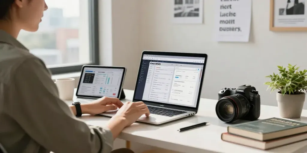 AI content creation for small businesses workspace with laptop and marketing tools.