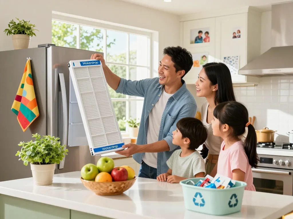 Family joyfully replacing Waterdrop Replacement filter for Frigidaire® & Electrolux® EAFCBF® in a bright kitchen, showcasing home maintenance.
