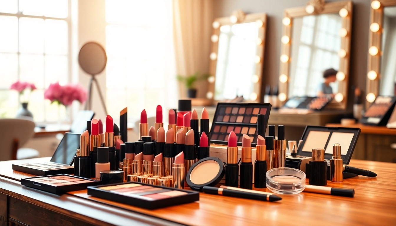 Showcase of colorful cosmetics from wholesale makeup suppliers on an elegant table.
