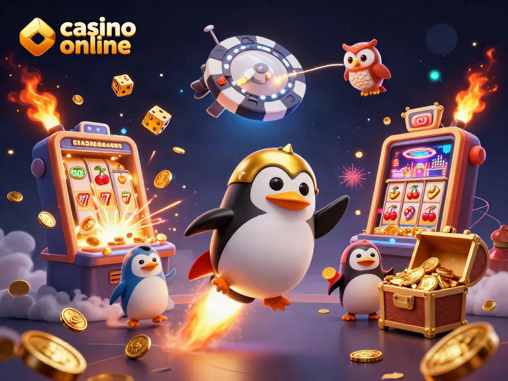 Juega en un casino online mientras el pingüino dorado vuela con monedas en un entorno espacial