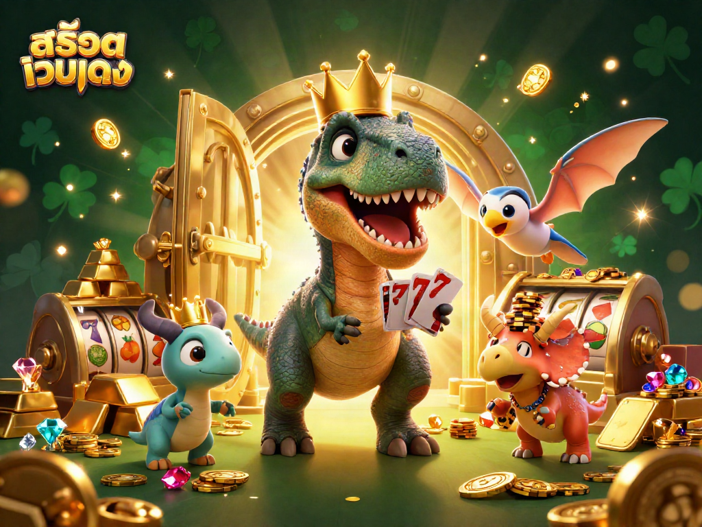 Experience the excitement of สล็อตเว็บตรง with playful characters in a vibrant casino scene.